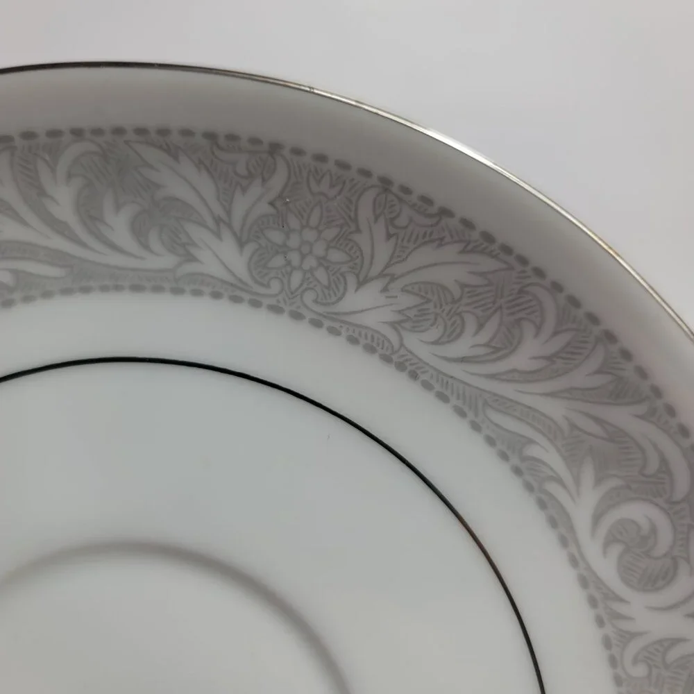 FOUR Imperial China Whitney Cup & Saucers White Gray Band Leaf Scrolls W. Dalton